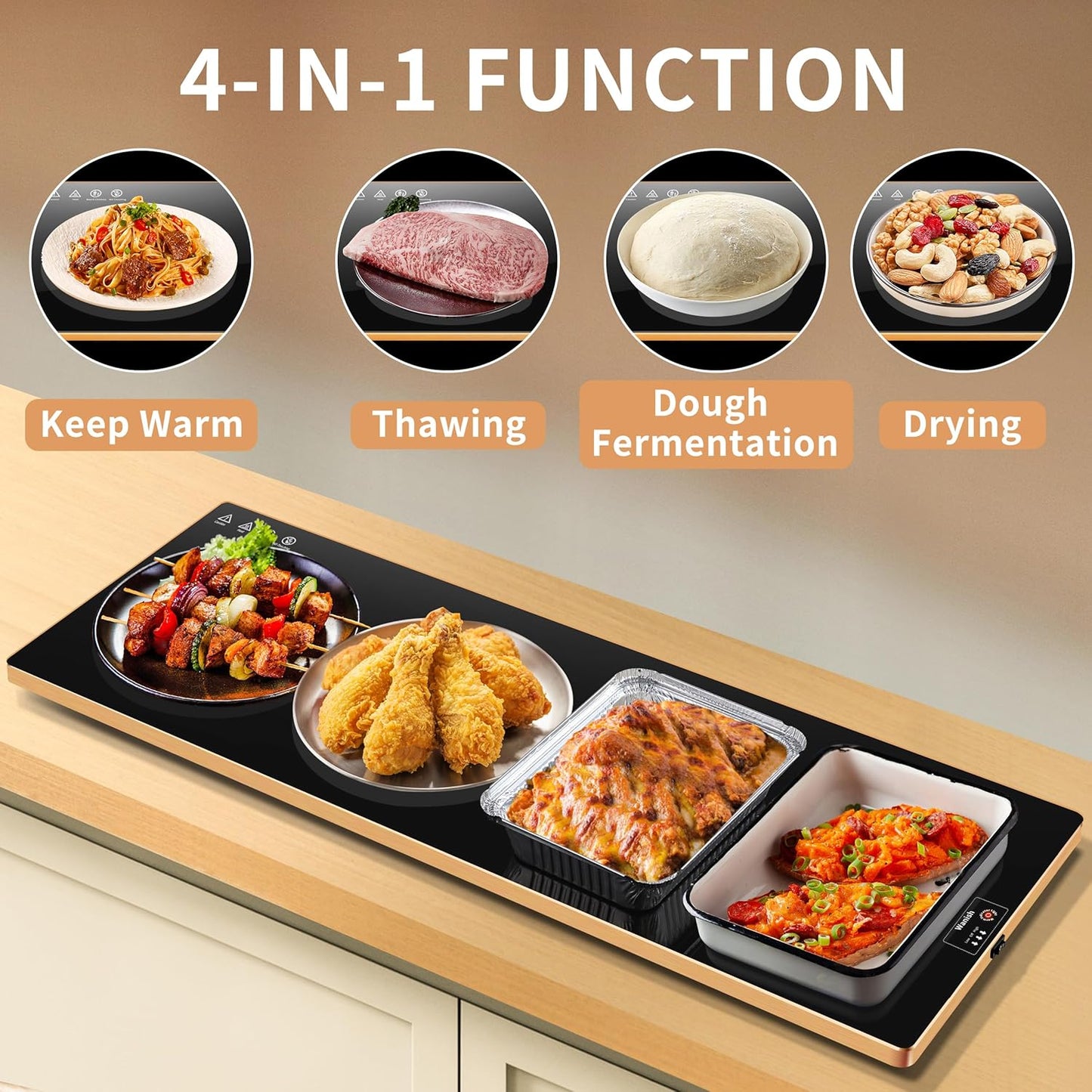 Electric Warming Tray (Extra Long 47”x12”)，Food Warmers for Parties Buffet with Thermostat&Full Surface Heating, Tempered Glass Warming Mat for Food, Temperature Adjustable Gold Edges Food Warming Mat