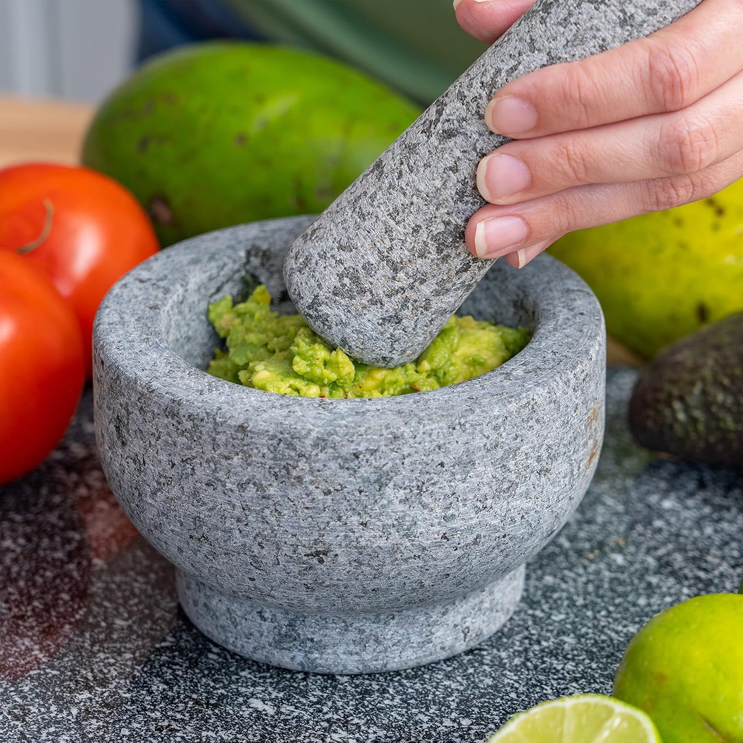 Maxam Grey Mortar and Pestle Set - 5 Inch - 1 Cup Capacity - Heavy Granite for Grinding Spices, Herbs and Avocado Masher for Guacamole and Pesto