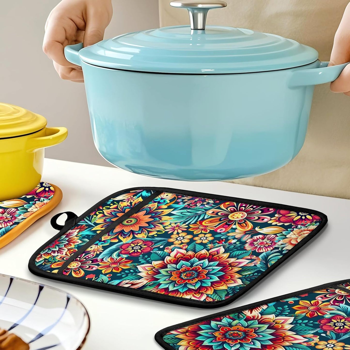 Vibrant Mandala Floral Pot Holders for Kitchen, Boho Abstract Colorful Ethnic Flower Botanical Heat Resistant Hot Pads and Oven Mitts for Baking Cooking