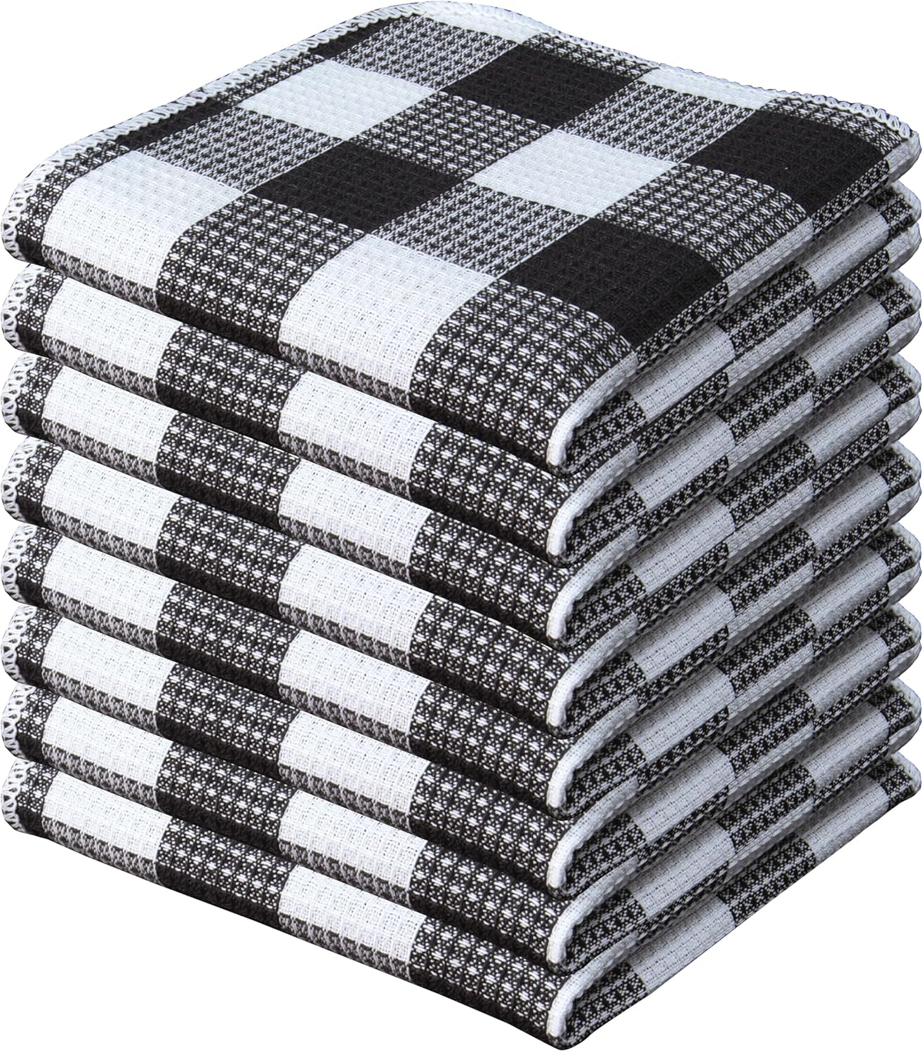 PurpleEssences Waffle Weave Plaid Dish Cloths, 100% Cotton - 12 x 12 Inches, Ultra Soft Absorbent Quick Drying Dish Towels Buffalo Check Dish Rags for Kitchen, 8 Pack - Spring Summer - Black & White