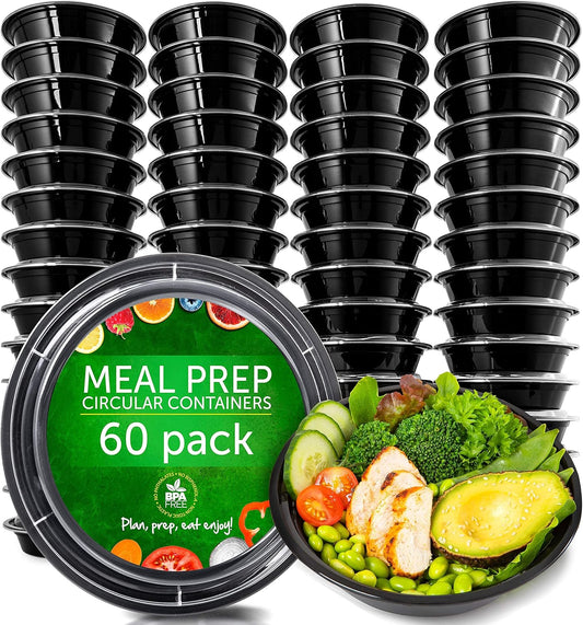 PrepNaturals Reusable Plastic Containers with Lids, 60 Pack, Black, Meal Prep Bowls, Lunch Containers, BPA, PVC and Phthalate Free, Microwave and Freezer Safe