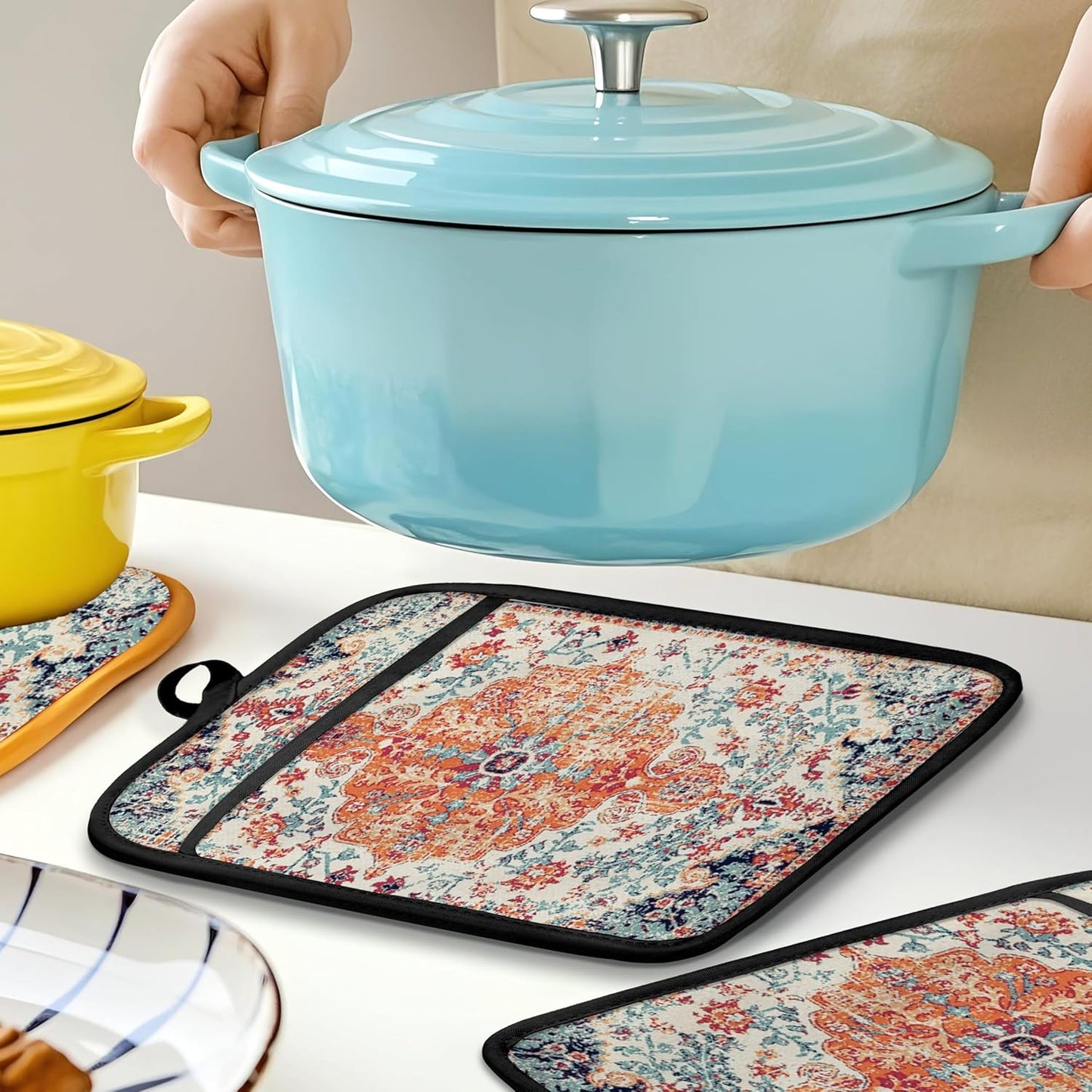 Rustic Vintage Boho Pot Holders for Kitchen, Abstract Orange Blue Boho Ethnic Floral Botanical Heat Resistant Hot Pads and Oven Mitts for Baking Cooking