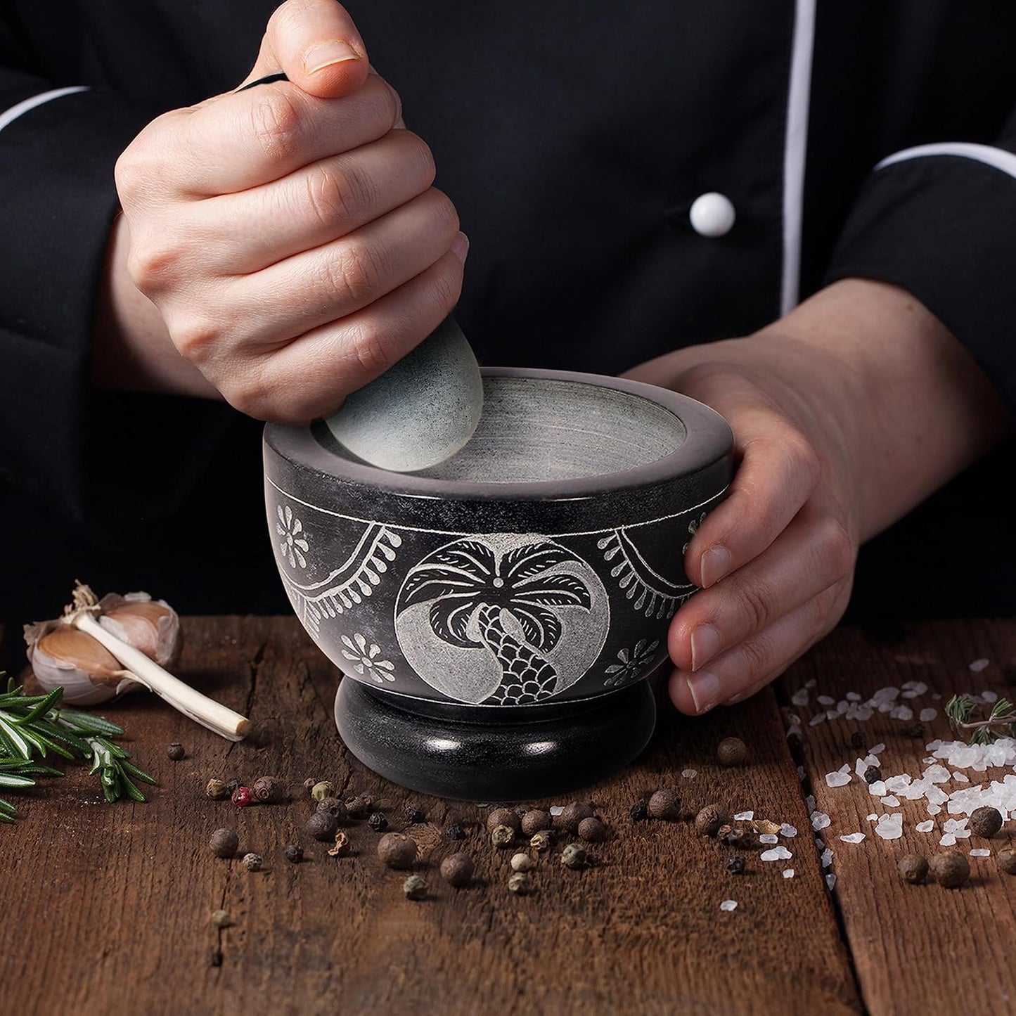 Mortar and Pestle, Made of Heavy Duty Polished Hard Stone, Natural Stone Grinder for Spices, Pastes, Herbs, Seasoning etc. (Palm Tree)