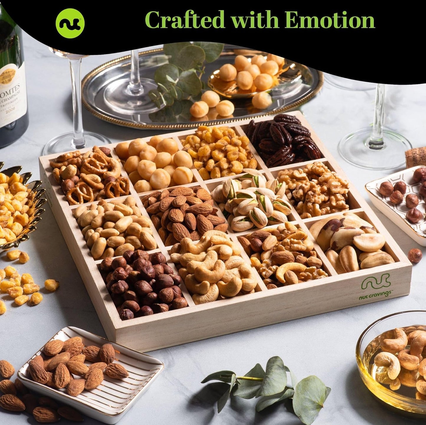 NUT CRAVINGS Gourmet Collection - Thank You Appreciation, Nuts Gift Basket with TY Ribbon + Greeting Card in Reusable Wooden Tray (12 Assortments) Food Arrangement, Healthy Snack Care Package, Food Assortments