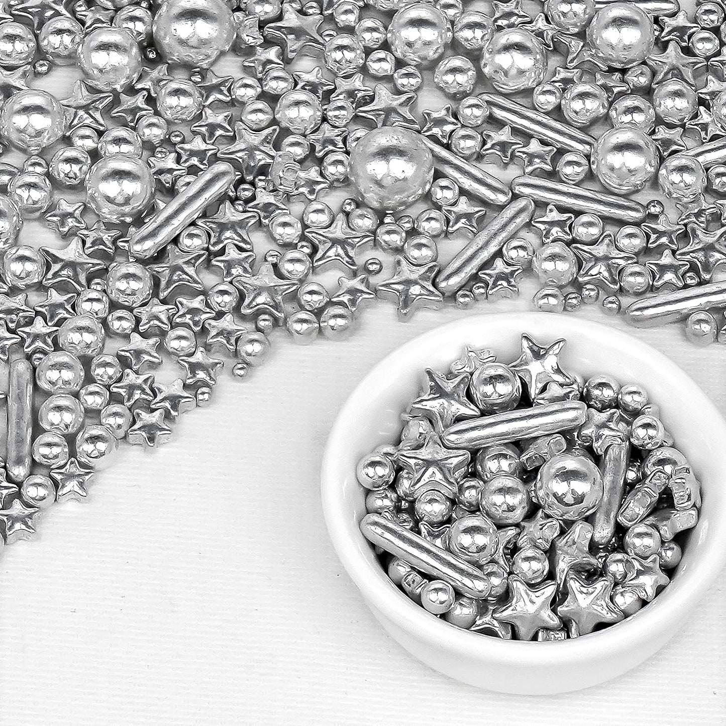 Silver Pearl Rods Star Sugar Sprinkles, Silver Sprinkles for Cake, Edible Pearls Baking Candy, 150g/5.29oz Mix Size, Cupcake Decoration, Wedding Party Supplies
