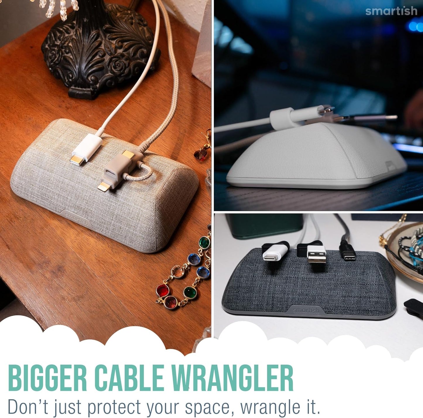 Smartish® Magnetic Cord Holder - Bigger Cable Wrangler Organizer with Magnet Clips for Charger Management on Desktop, Nightstand, or Side Table - Holds 6+ Cables - Black Tie Affair