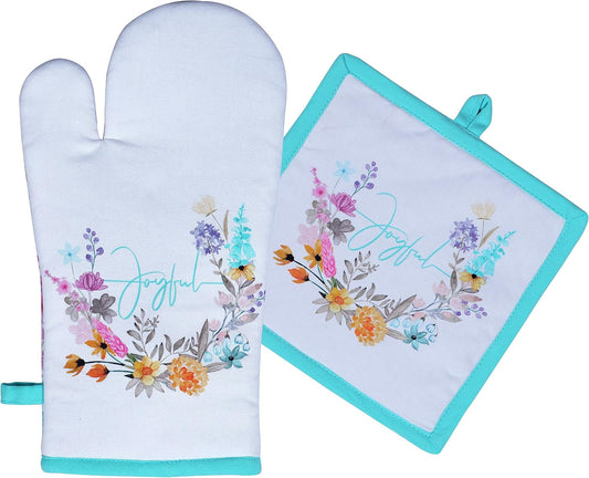 AMOUR INFINI Pot Holders and Oven Mitt Heat Resistant Non Slip Reusable Set of 1 Oven Mitt and 1 Pot Holder Oven Gloves Pot Holder for Cooking (Joyful Floral Design)
