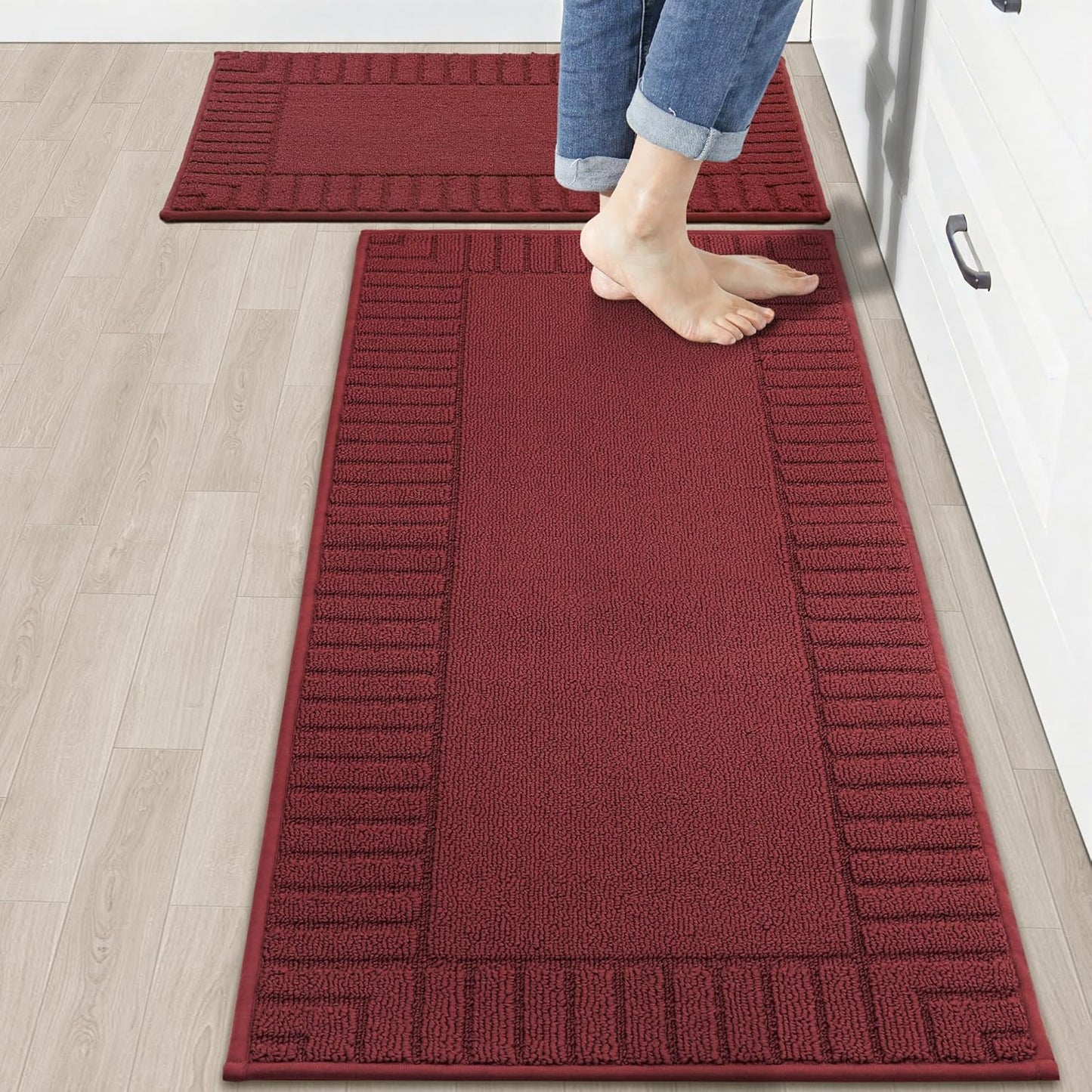 BEQHAUSE-Kitchen-Rugs-and-Mats [2PCS] Non Slip Kitchen Mats for Floor,Machine Washable Burgundy Red Kitchen Rugs,Polypropylene Kitchen Floor Mat with TPR Backing 20x30inch/20x48inch