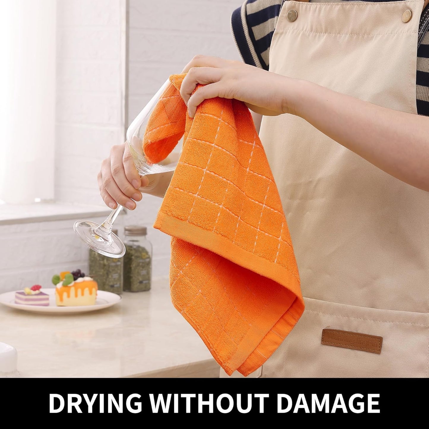 Homaxy 100% Cotton Terry Kitchen Towels(Orange, 13 x 28 inches), Checkered Designed, Soft and Super Absorbent Dish Towels, 8 Pack