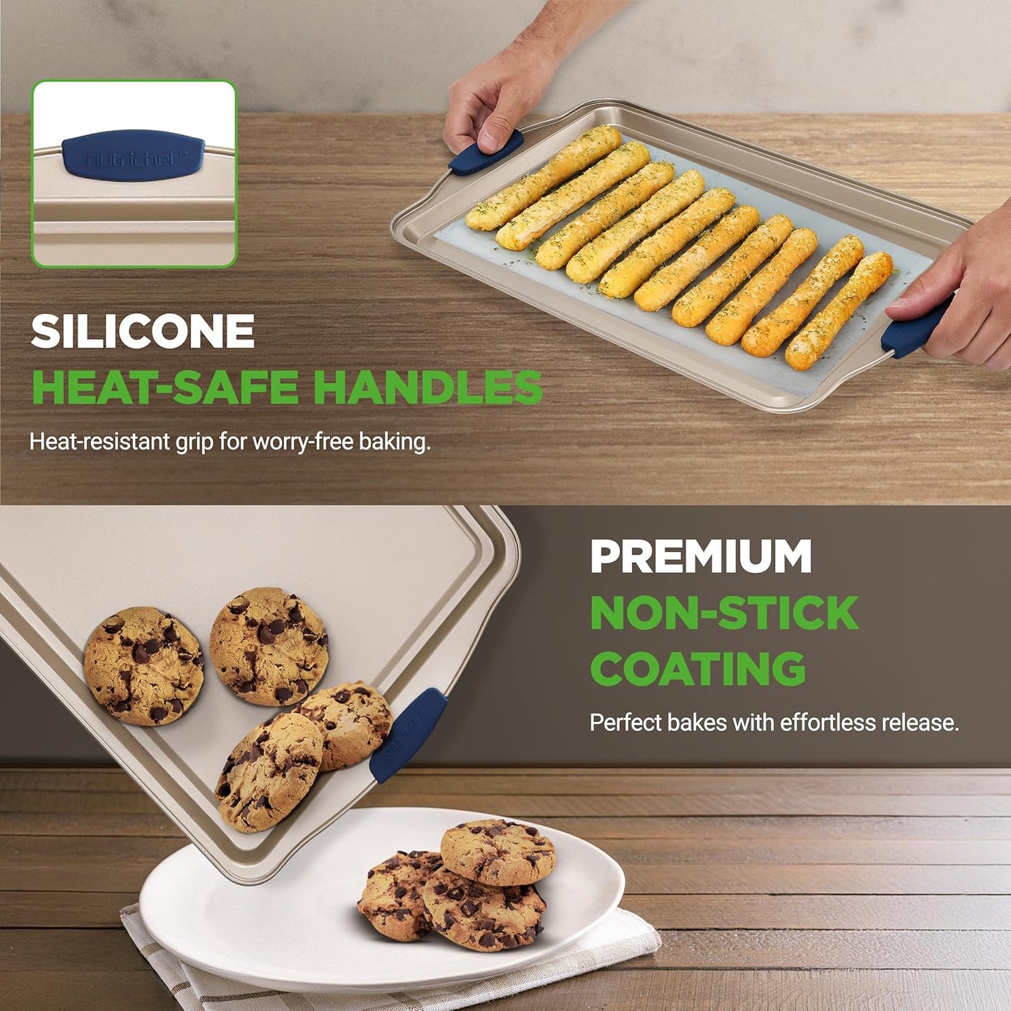NutriChef 3-Piece Nonstick Bakeware Set - Premium Carbon Steel Oven Baking Trays w/Blue Silicone Handles - Small, Medium & Large Cookie Sheet Pans - PFOS, PFOA, PTFE-Free, Easy to Clean