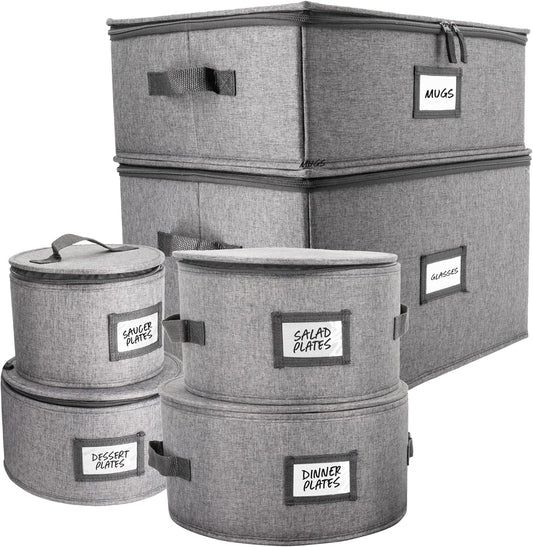 HOMELUX THEORY 6pcs Hard Shell China Storage Containers, Mug Storage Box, Wine Glass Storage & Plate Storage Containers with Lid, Heavy Duty Dinnerware Storage for Packing Dinner Plates and Glassware