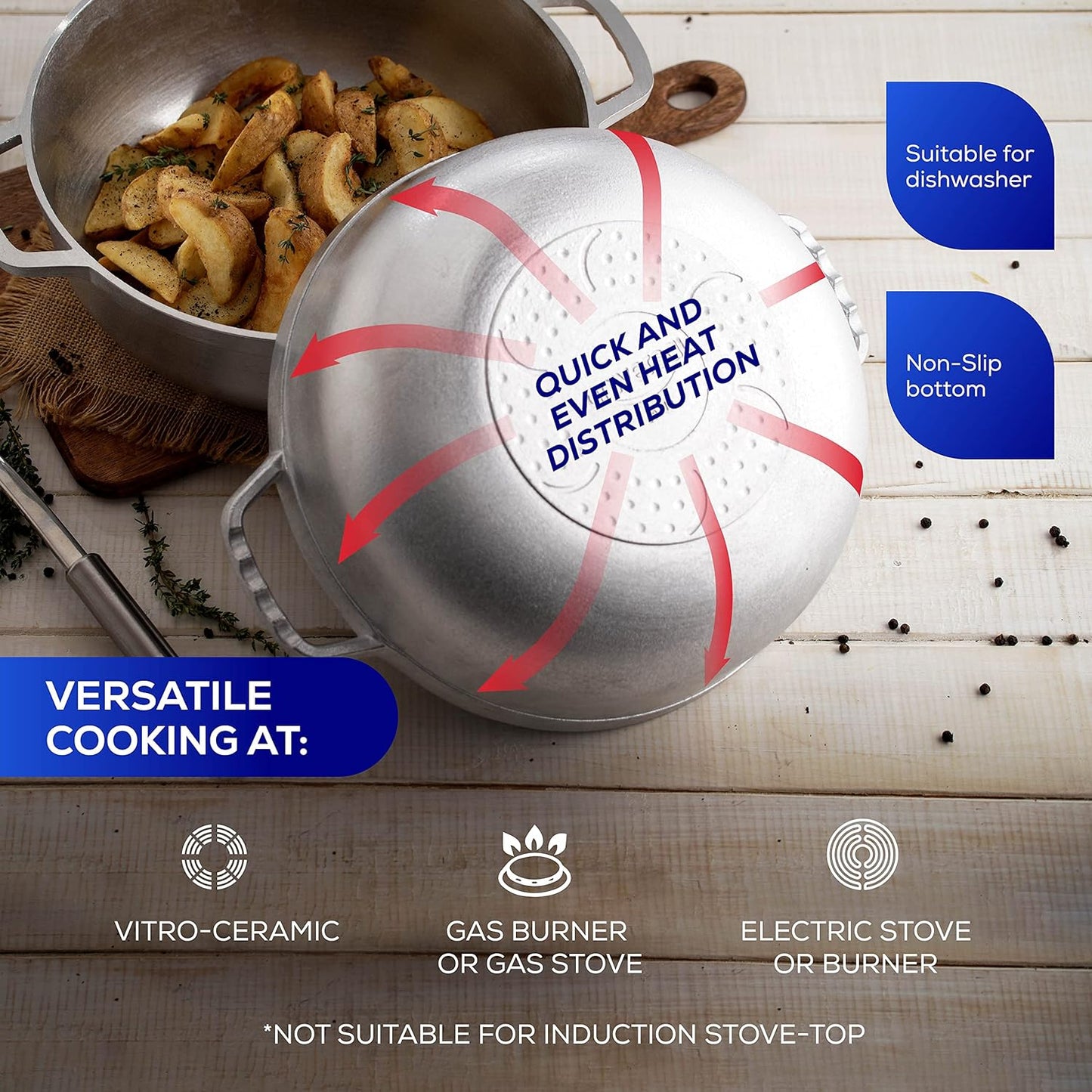 Universal (Professional Large) Caldero 32 Cups - 11.6 QT / 11 L, Stainless Aluminum Pot, Even Heat Distribution and Fast Cooking Dutch Oven Pot, Ergonomic Handles, Ideal for Rice, and French Fries