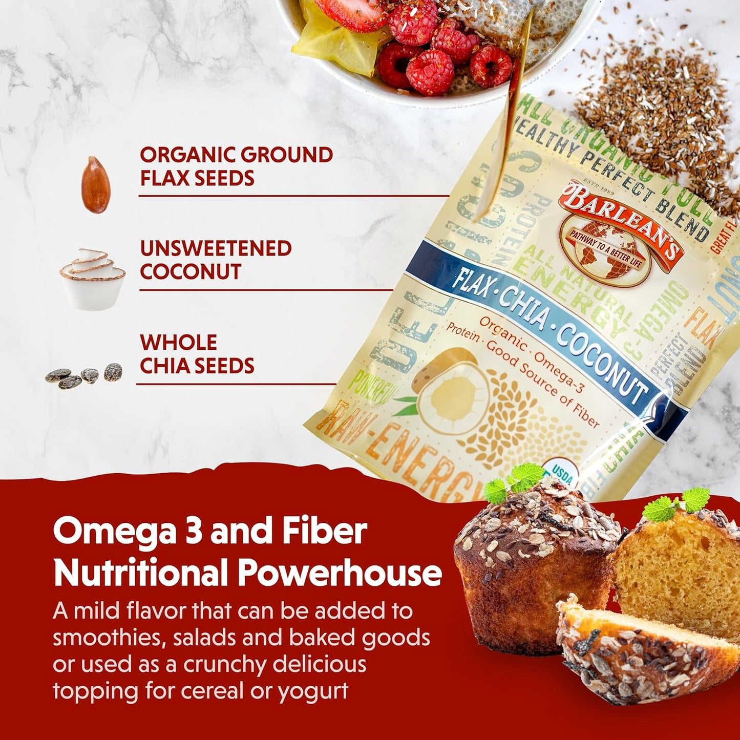 Barlean's Organic Flax Chia Coconut Seed Blend with 2,330 mg Omega 3 Fatty Acids, Fiber Supplement with Whole Chia Seeds and Ground Flaxseed, 12 oz