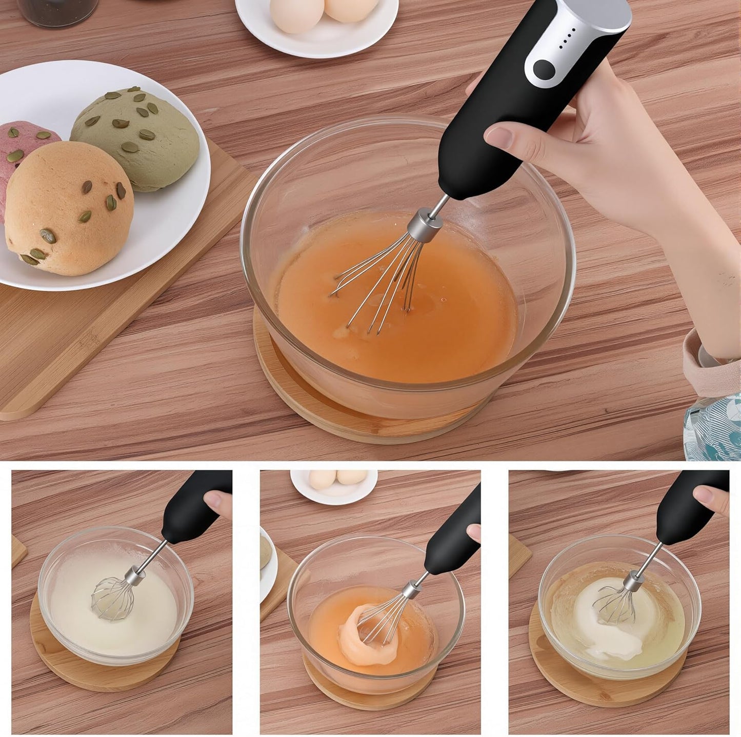 Electric Hand Mixer Whisk| Wireless Rechargeable Handheld Egg Beater with 2 Stainless Steel Mixing Heads | Portable Kitchen Aid Hand Mixer for Egg, Milkshake Cream, Cake, Baking & Cooking-Black