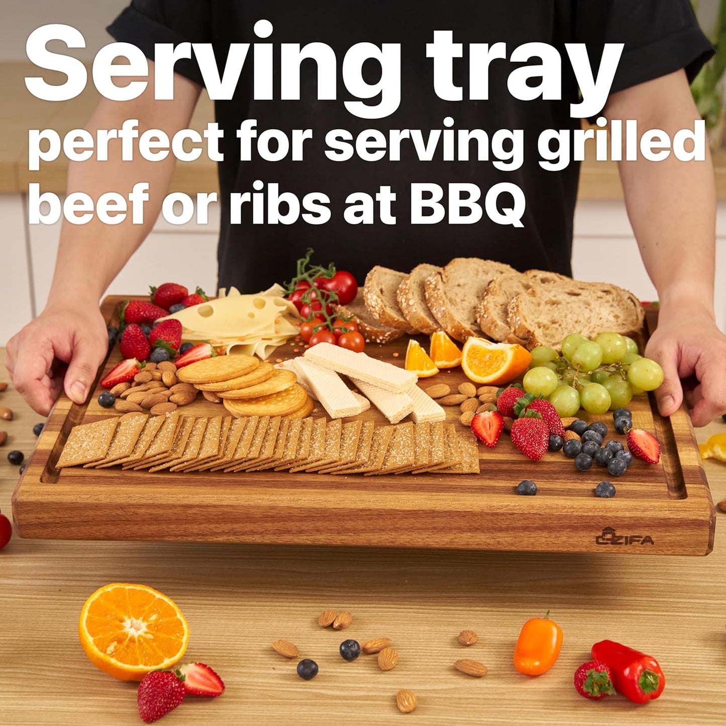 COZIFA- Large Cutting Board Wood Acacia - Thick Wooden Cutting Boards for Kitchen - Wooden Chopping Boards for Kitchen with Juice Groove, Inner Handle, Natural Oil Wax Finish - 17x12 x1.2inches