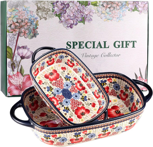 Polish Pottery Style Ceramic Baking Dish Set of 2 – Decorative Casserole Dishes with Handles, Cute Oven-Safe Lasagna Bakeware Gift Set