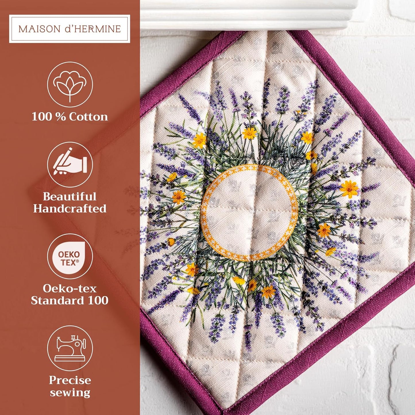 Maison d' Hermine Pot Holders 100% Cotton Heat Resistant Potholders 8" x 8" Hot Pads with Loop BBQ, Cooking, Baking, Grilling, Kitchen, Handling Hot Pans Spring/Summer (Pack of 1, Fanny Lavender)