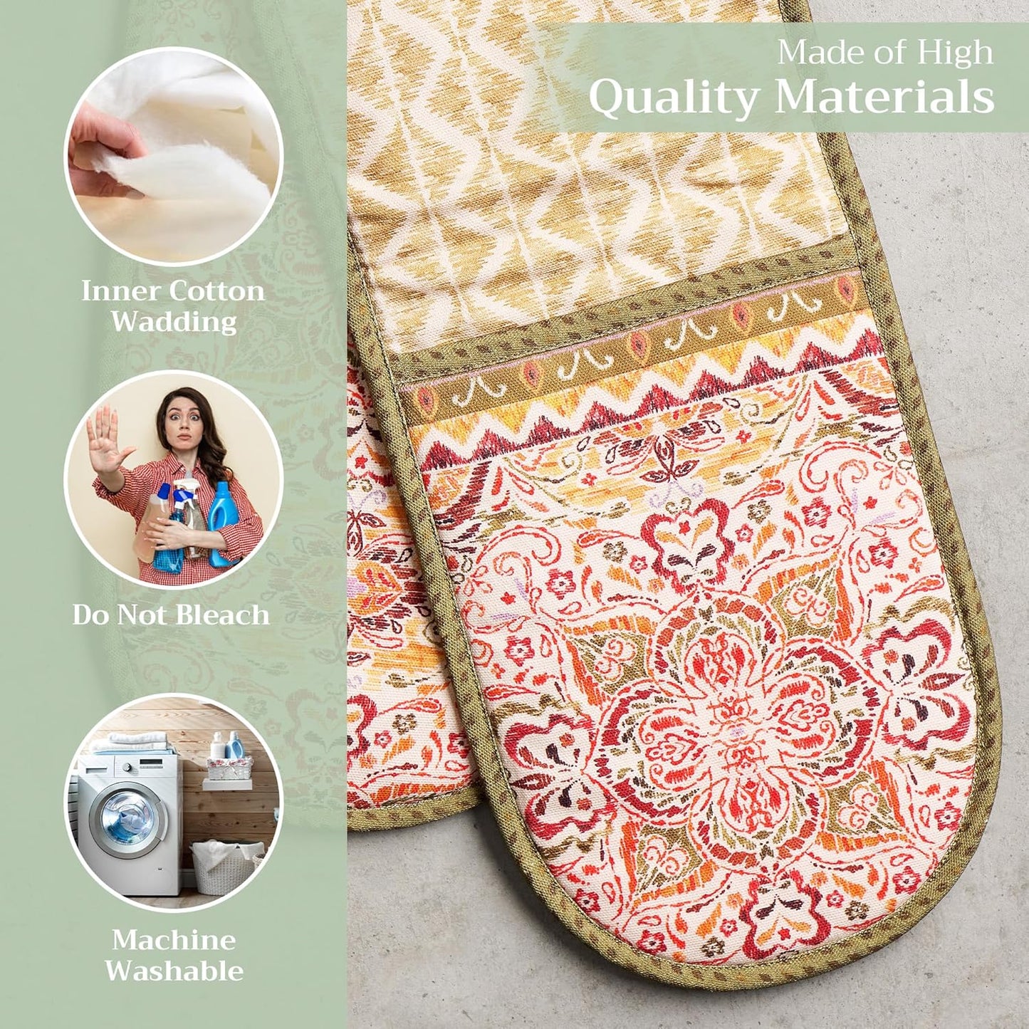 Maison d' Hermine Double Oven Mitts 100% Cotton 7"x35" Double Oven Mitt Heat Resistant BBQ Cooking Gloves with Loop, Baking, Grilling, Home, Kitchen, Handling Hot Pans (Damask)