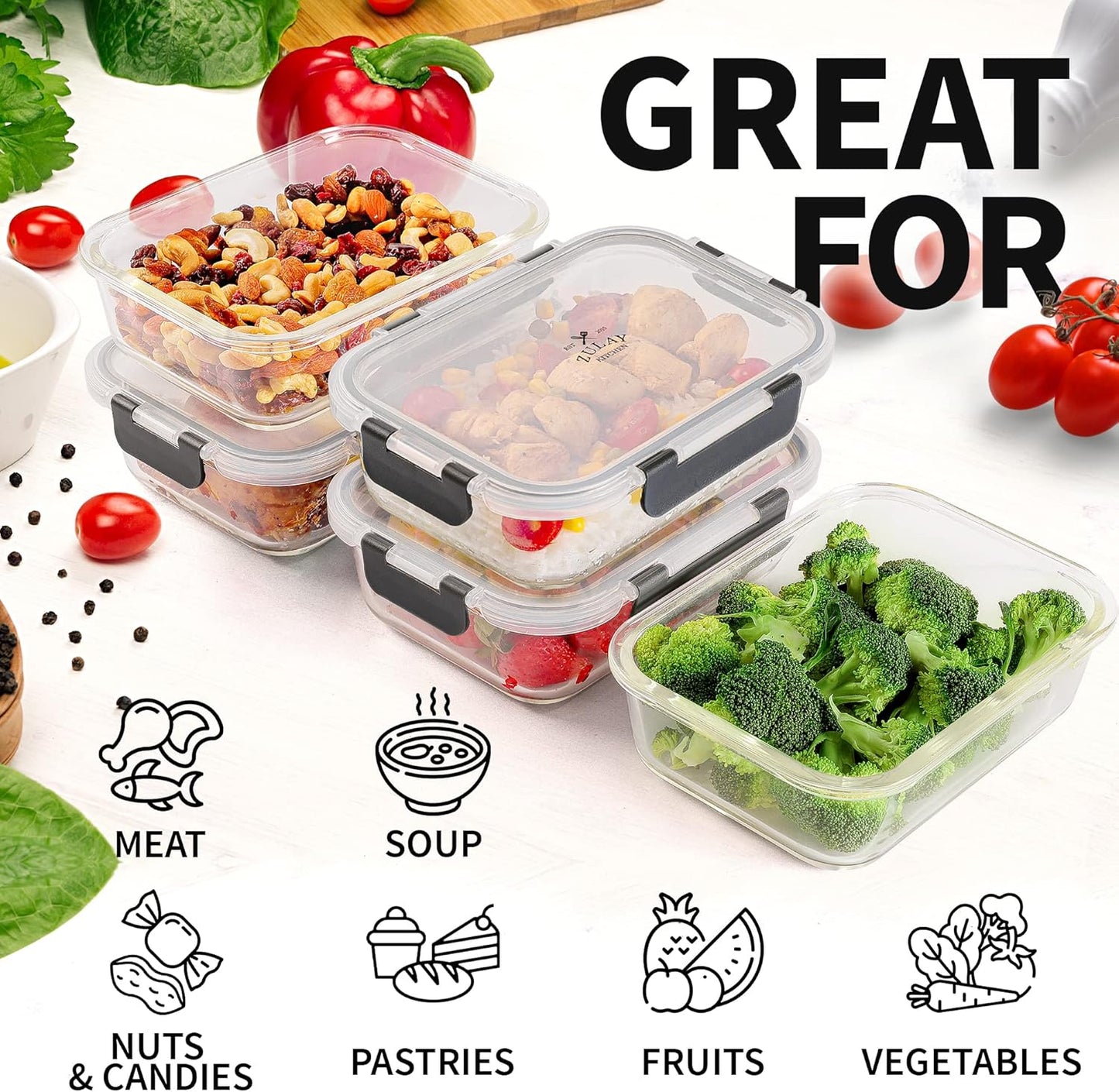 Zulay Kitchen 5 Pack Glass Meal Prep Containers with Lids - Airtight, Premium Borosilicate Glass Food Storage Containers - Microwave, Freezer & Oven Safe, BPA Free - Gray