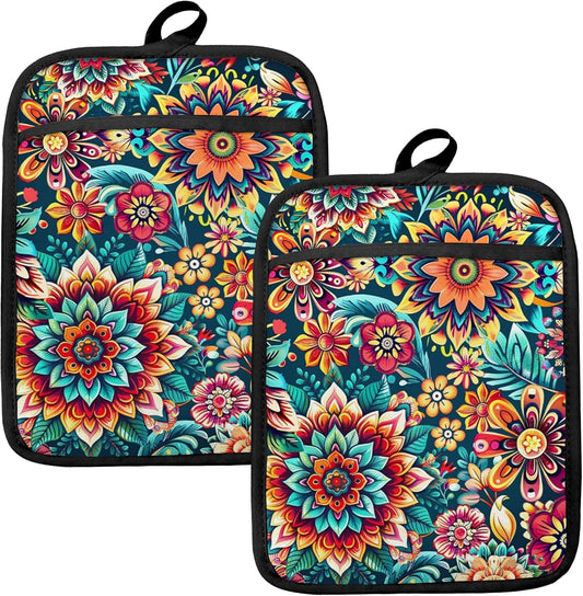 Vibrant Mandala Floral Pot Holders for Kitchen, Boho Abstract Colorful Ethnic Flower Botanical Heat Resistant Hot Pads and Oven Mitts for Baking Cooking
