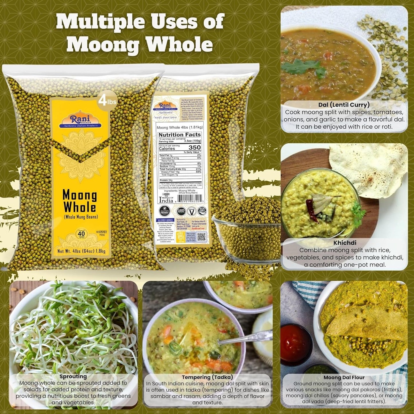 Rani Moong Whole (Ideal for cooking & sprouting, Whole Mung Beans with skin) Lentils Indian 64oz (4lbs) 1.81kg Bulk ~ All Natural | Gluten Friendly | Non-GMO | Kosher | Vegan | Indian Origin