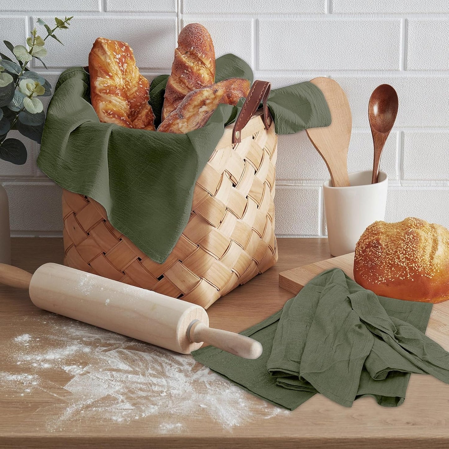 RUVANTI Flour Sack Towels 6 Pack 28x28 Inch, 100% Cotton Tea Towel, Reusable, Machine Washable, Absorbent BarTowels - Dish Cloth Perfect for Drying Dishes & Cleaning - Martini Olive