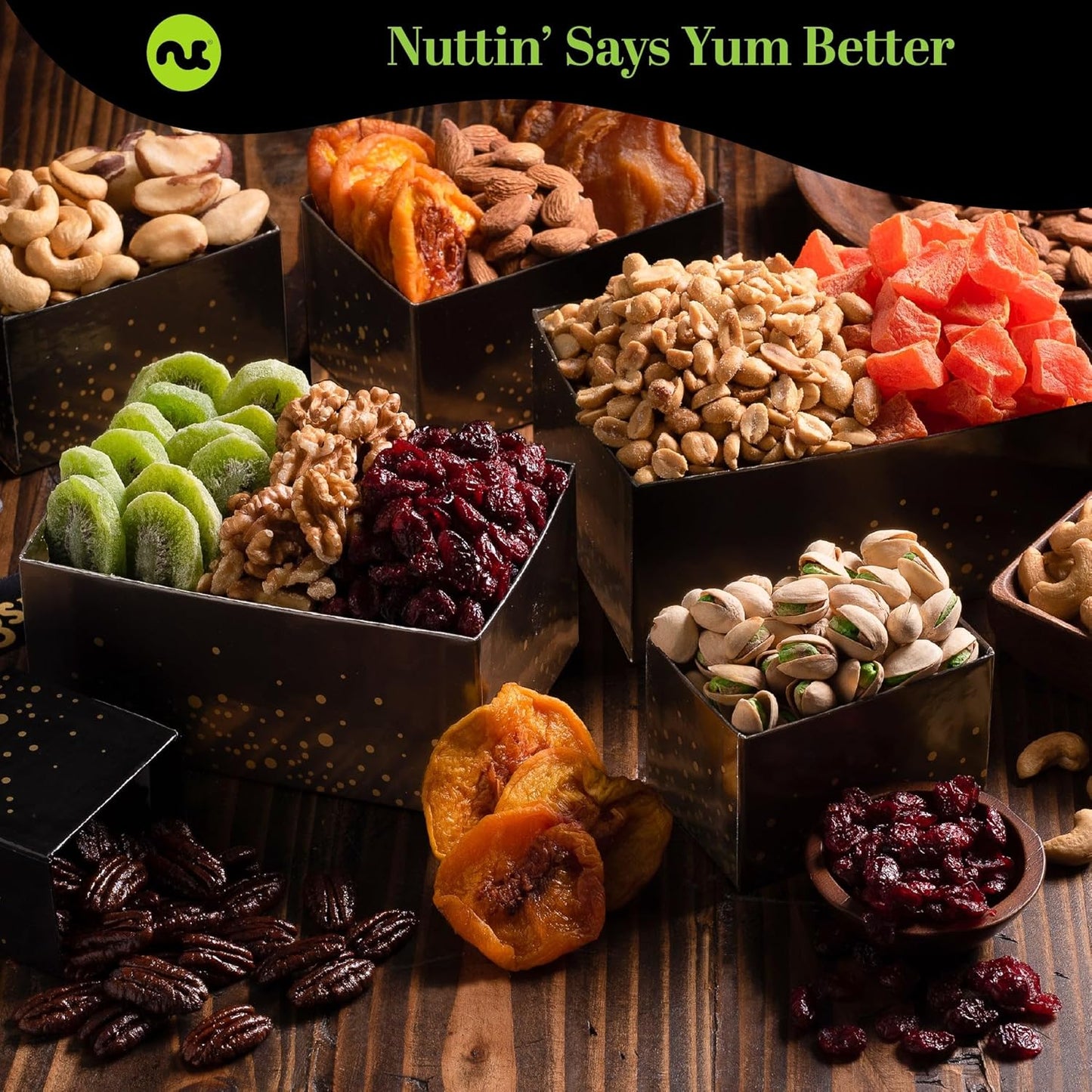 NUT CRAVINGS Gourmet Collection - Get Well Soon, Nuts & Dried Fruits Tower Gift Basket with Get Well Soon Ribbon (12 Assortments) Food Arrangement, Healthy Snack Care Package, Food Assortments