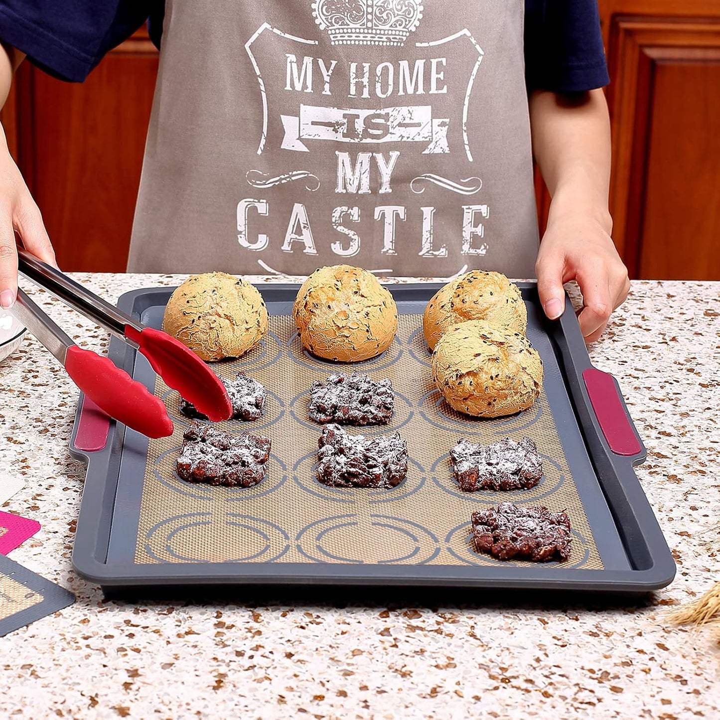 Silicone Baking Mat Set of 6, GUANCI Grade Food Baking mats Non-Stick Reusable Pizza Bakeware Mat for Making Macaroon, Pizza, Cookie, Pastry, Bread, Bun(Grey)