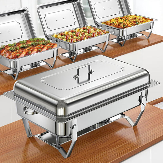 Chafing Dishes for Buffet 9QT 4 Pack, Easy Assembly, Food-Grade Stainless Steel Chafers for Catering w/Rolled Edge Design, Foldable Frame, for Party, Banquet (Full Size Food Pan)