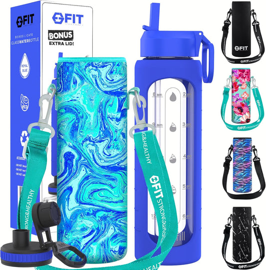 FIT Strong & Healthy 32 oz Glass Water Bottle with Straw Lid, Time Marker, Sleeve & Extra Lid - Motivational, Wide Mouth 1 Liter Glass Drinking Bottle