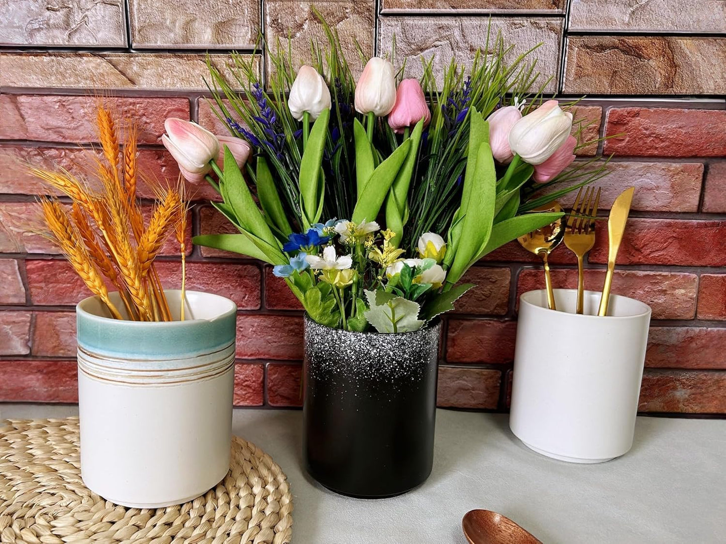 Medium Stoneware Kitchen Utensil Holder for Kitchen Counter Short Cooking Utensil Holder for Countertop Spatula Holder Small Utensil Crock Cutlery Holder Silverware Caddy Flower Vase (Green Field)