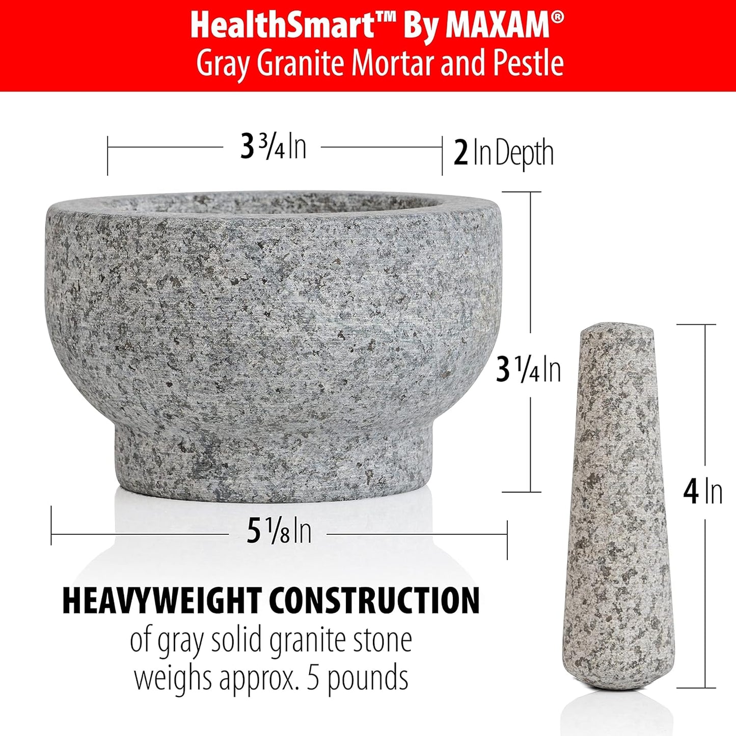 Maxam Grey Mortar and Pestle Set - 5 Inch - 1 Cup Capacity - Heavy Granite for Grinding Spices, Herbs and Avocado Masher for Guacamole and Pesto