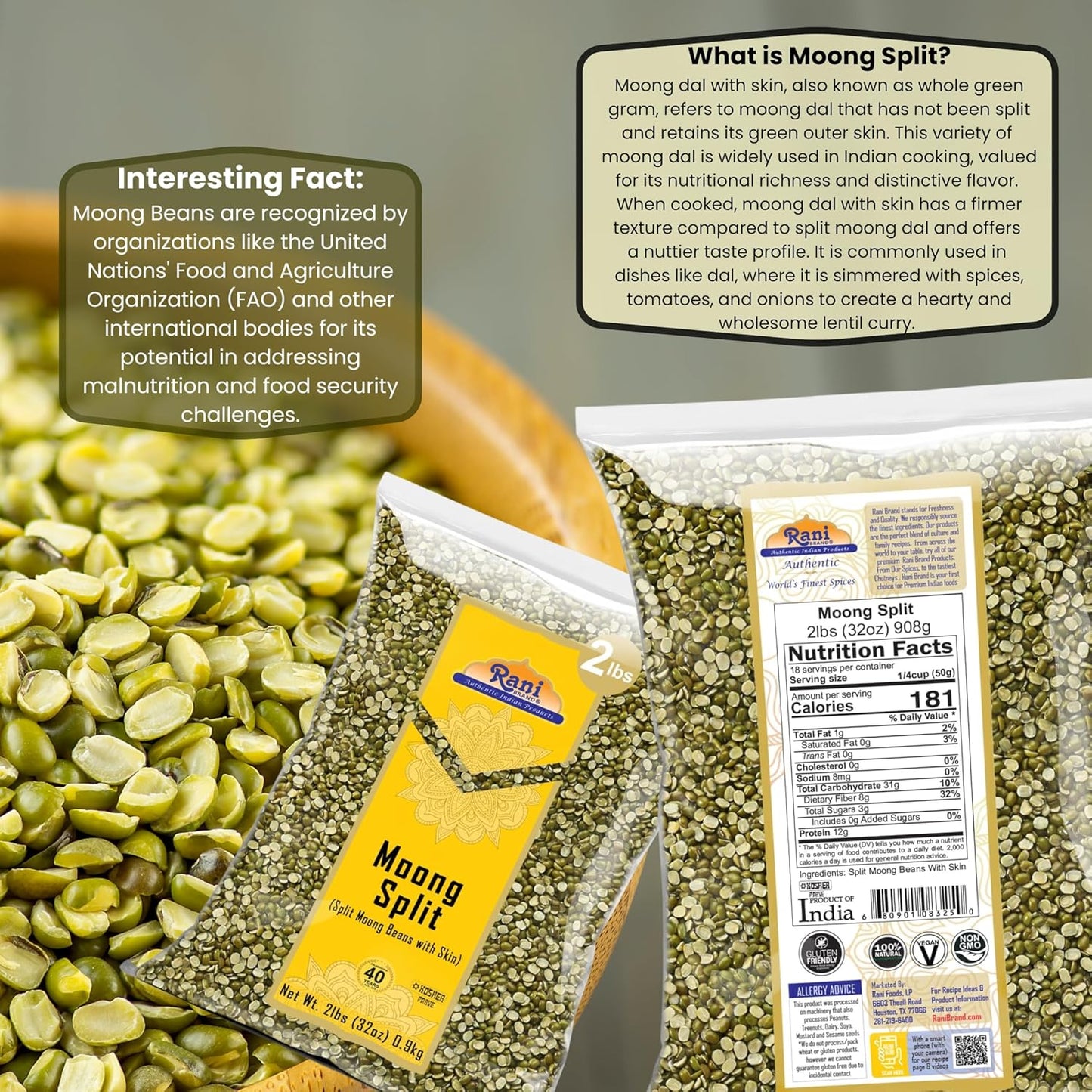 Rani Moong Split (Split Mung Beans with Skin) Lentils Indian 32oz (2lbs) 908g ~ All Natural | Gluten Friendly | Non-GMO | Kosher | Vegan | Indian Origin