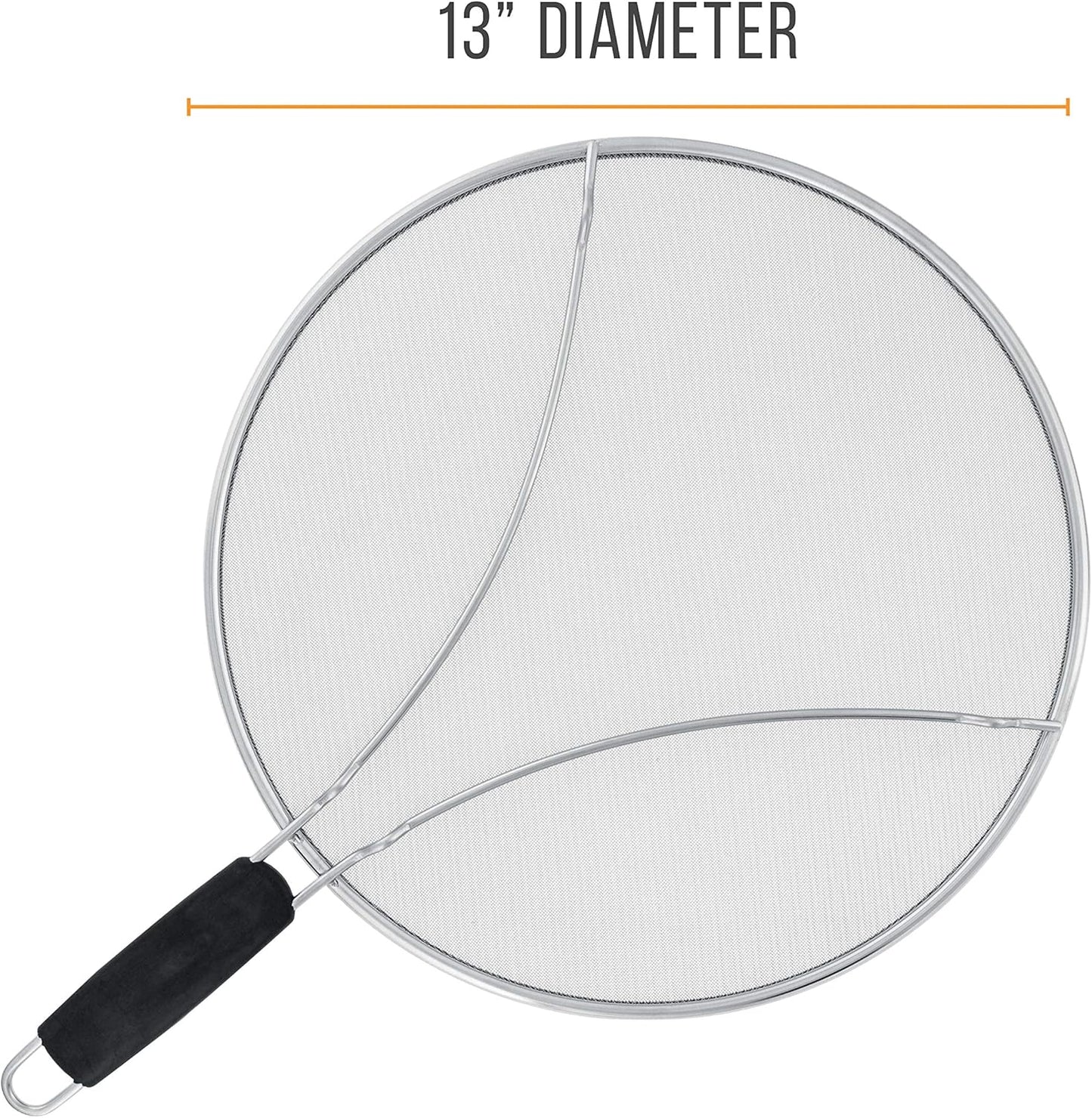 U.S. Kitchen Supply Stainless Steel Splatter Guard 13" Fine Mesh Cover, Grease & Oil, Splatter Screen for Frying Pan, Cooking Pots, with Resting Feet & Comfort Grip Handle