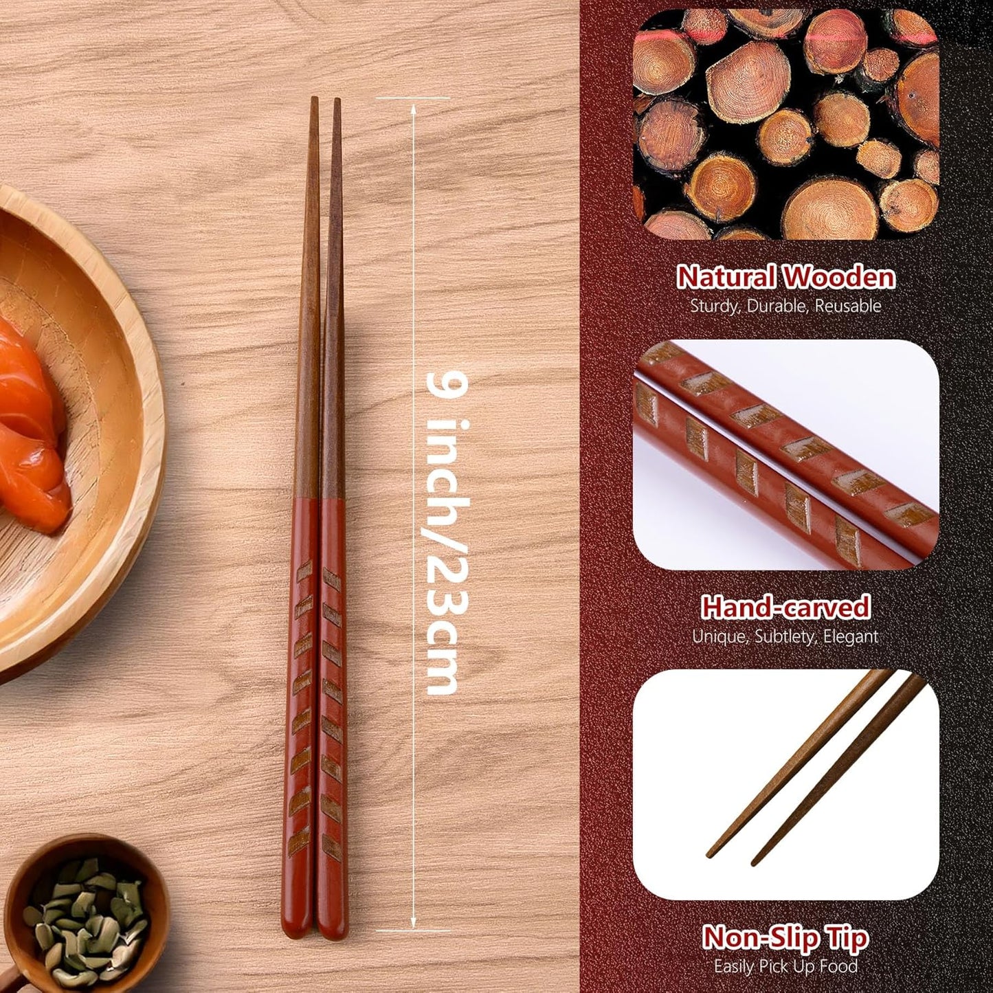 Antner 5 Pairs Reusable Wooden Chopsticks Natural Hardwood Japanese Style Wood Chop Sticks Hand-Carved Non-Slip Design, 9 Inch (23cm), Gift Set in 2 Red & 3 Black