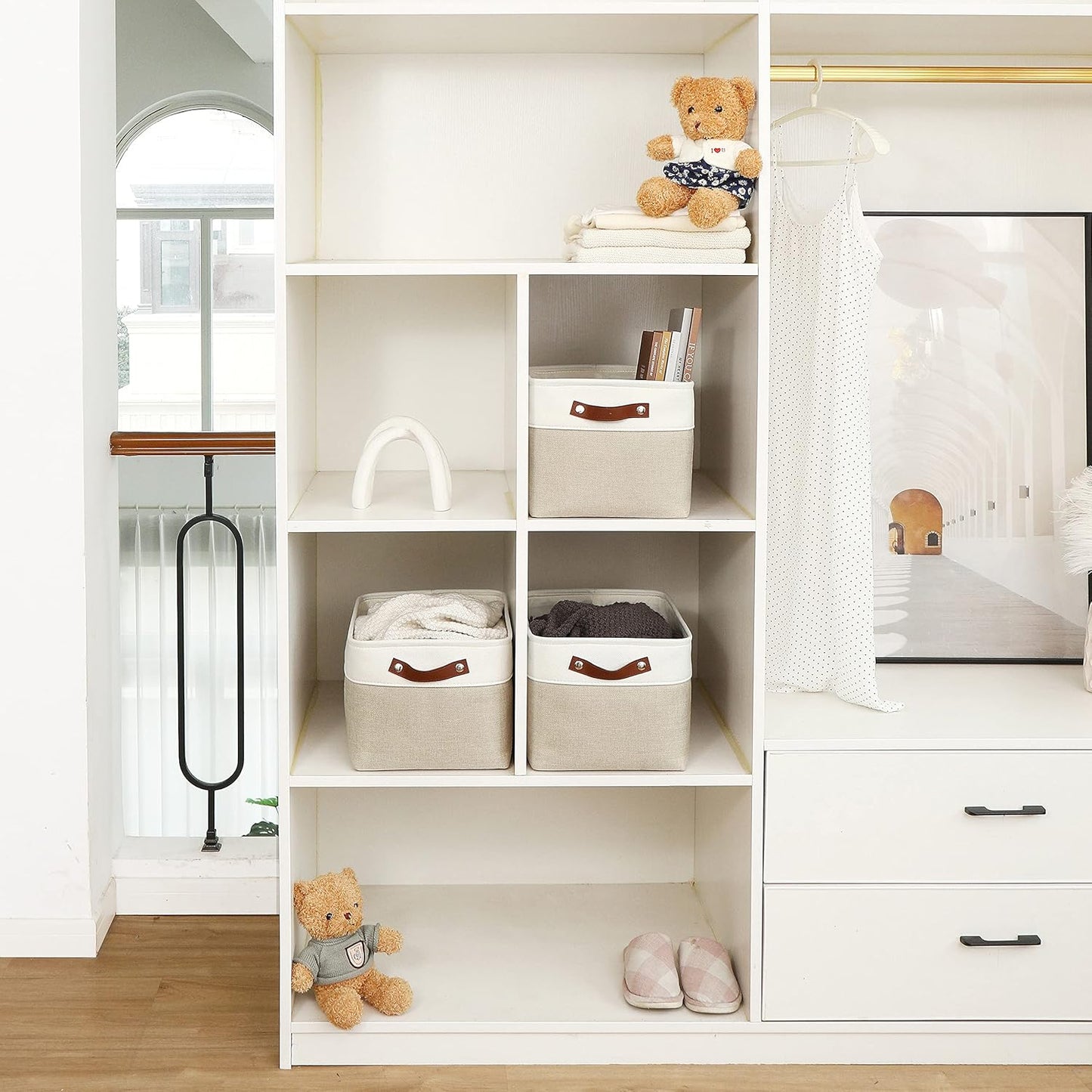 OrganiHaus Large Fabric Storage Baskets for Shelves 3 Pack, 15x11in Closet Storage Bins for Shelves, Cloth Baskets for Organizing, Linen Closet Organizers, Fabric Basket, Beige/White