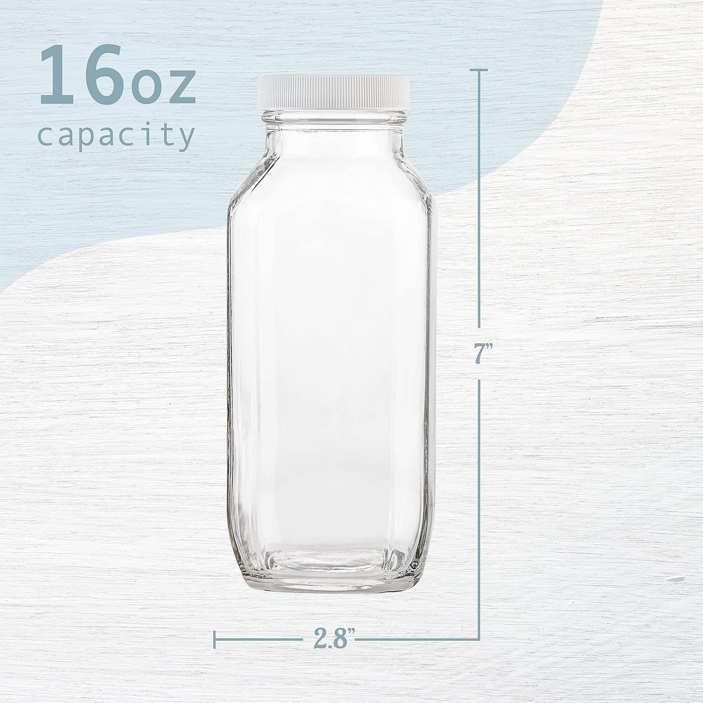 kitchentoolz 16oz Square Glass Milk Bottles with Airtight Plastic Lids – Pack of 4 | Reusable Milk Containers for Fridge & Lunchbox Storage – Ideal for Dairy, Smoothies, Juice, Water & More