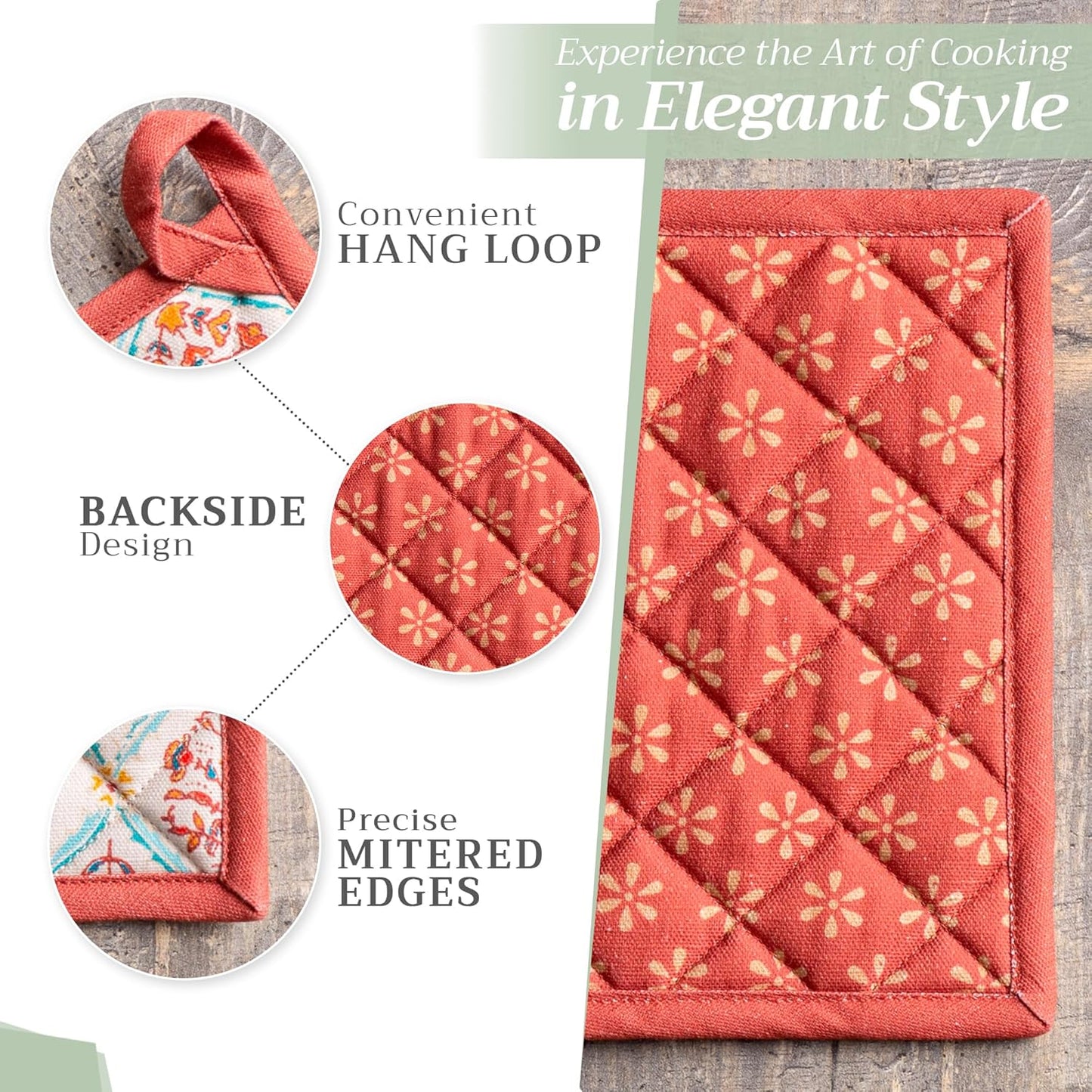 Maison d' Hermine Pot Holders 100% Cotton Heat Resistant Potholders 8" x 8" Hot Pads with Loop BBQ, Cooking, Baking, Grilling, Kitchen, Handling Hot Pans (Pack of 1, Romane)