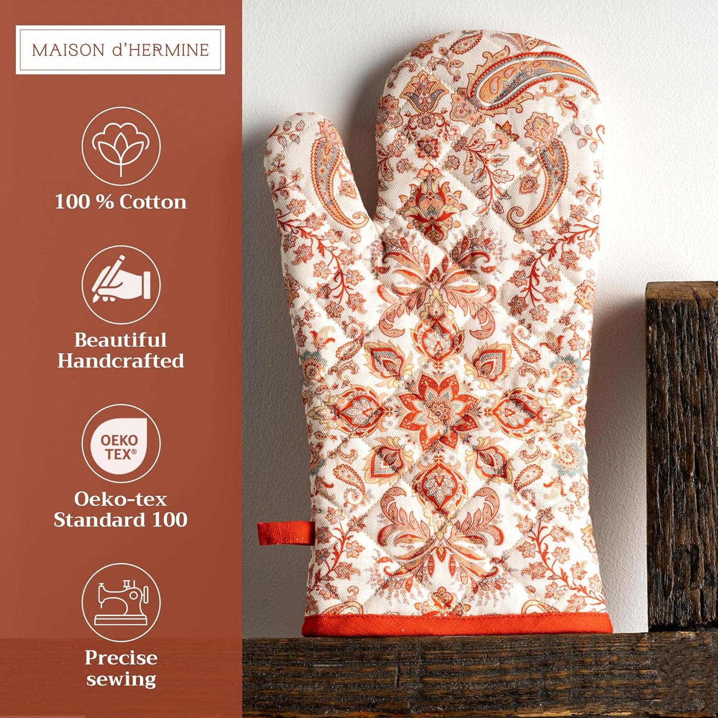 Maison d' Hermine Oven Gloves 100% Cotton Oven Mitt 7" x 13" with Loop Heat Resistant, BBQ, Cooking Gloves, Baking, Grilling, Kitchen, Handling Hot Pans (Pack of 1, Cachemire)