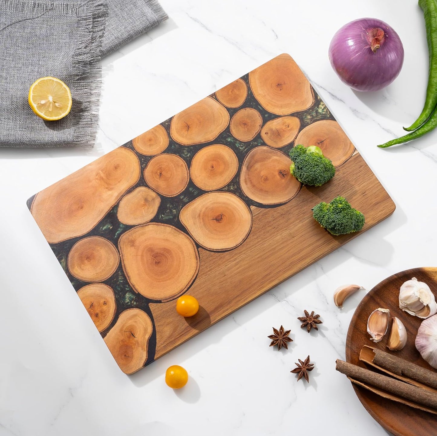 Acacia Wood Cutting Board With Colorful Black Resin Galactic Cosmos & Wood Stumps Unquie Design for Kitchen Meal Prep Serving Tray Cheese & Charcuterie Board for Meat Vegetable Gift 15*10‘’