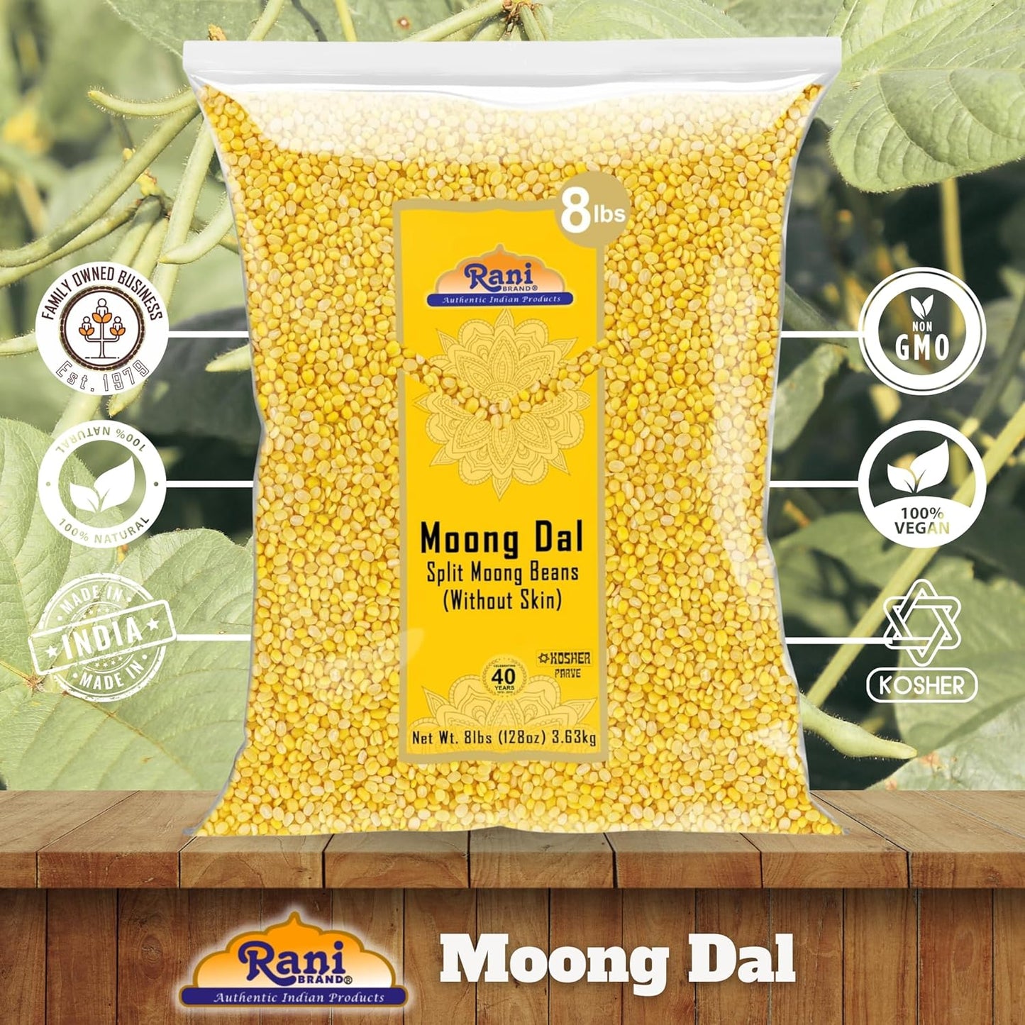 Rani Moong Dal (Split Mung Beans Without Skin) Lentils Indian 128oz (8lbs) 3.63kg Bulk ~ All Natural | Gluten Friendly | Non-GMO | Kosher | Vegan | Indian Origin