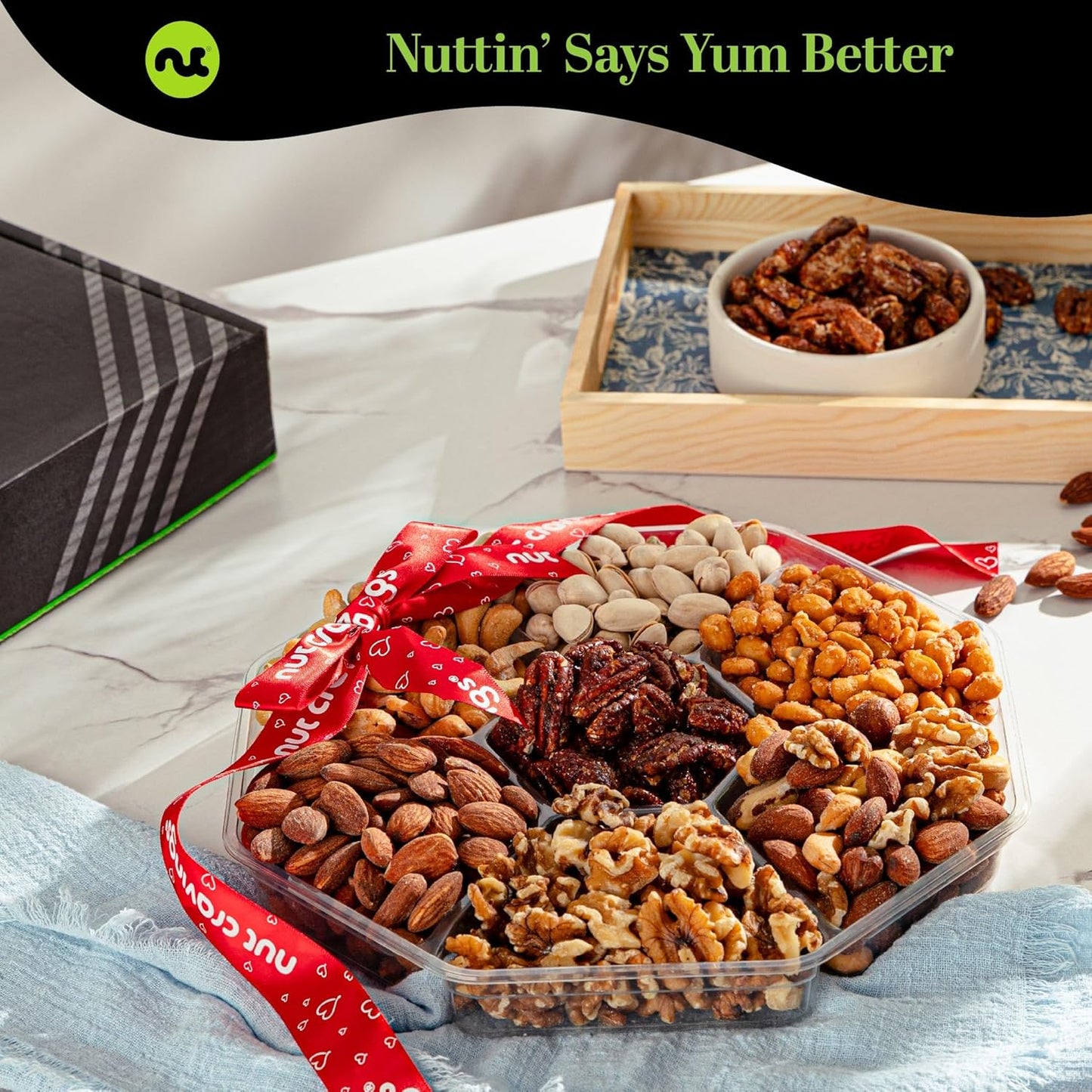 NUT CRAVINGS - Mixed Nuts Gift Basket + Heart Ribbon (7 Assortments) Food Arrangement, Healthy Snack Care Package, Food Assortments