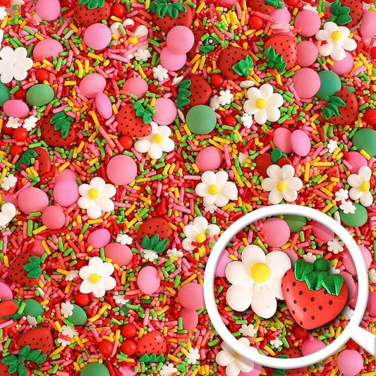 Sprinkle Pop Strawberry Daisy Sprinkle Mix| Red Lime Green Yellow Pink Sprinkle Mix with ~6 Strawberry & Daisies Royal Icing| Festive Sprinkles Made in USA for Decorating Cake Cupcakes Cookies, 2oz