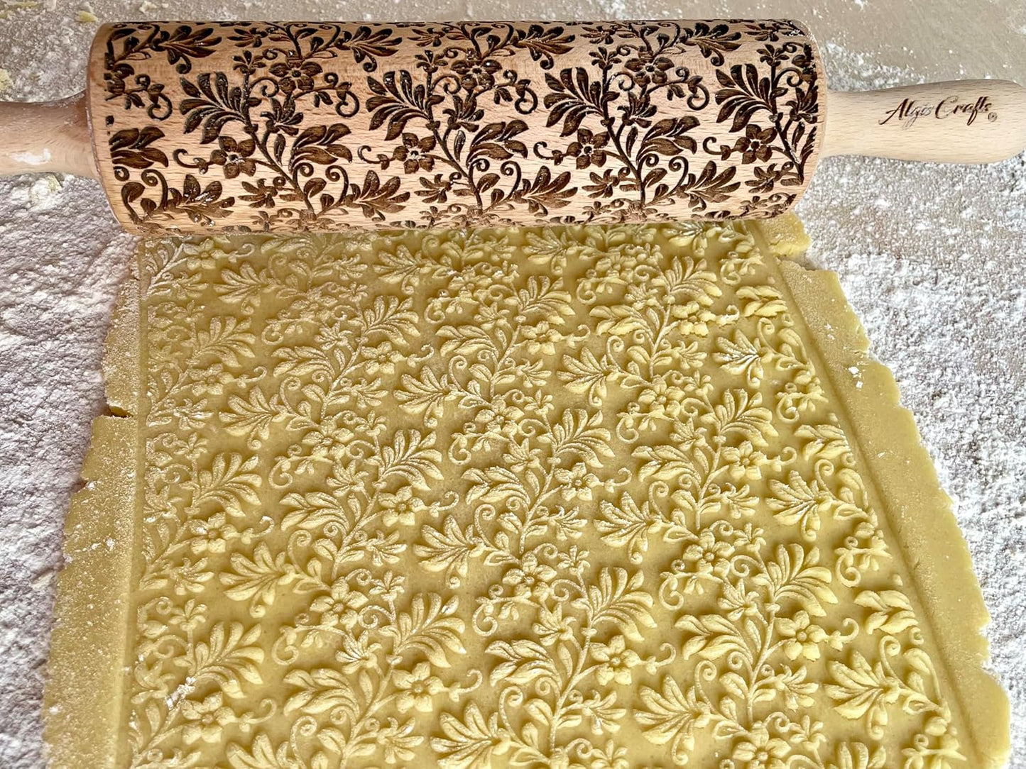 Embossing Rolling Pin FLORAL WREATH with Flowers Pattern. Dough and Clay Roller for Embossed Cookies and Pottery. Cookie and Ceramic Stamp. Backing Gifts for Women by Algis Crafts