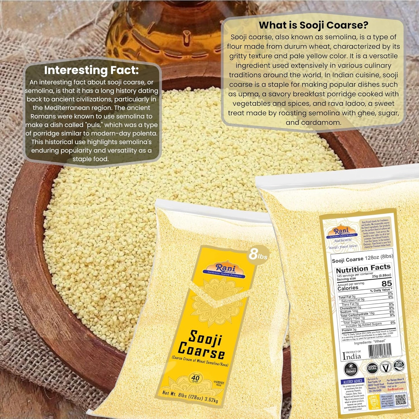 Rani Sooji Coarse (Farina, Suji, Rava, Rawa, Wheat Semolina) Flour 128oz (8lbs) 3.63kg Bulk ~ All Natural | Vegan | NON-GMO | Kosher | Indian Origin