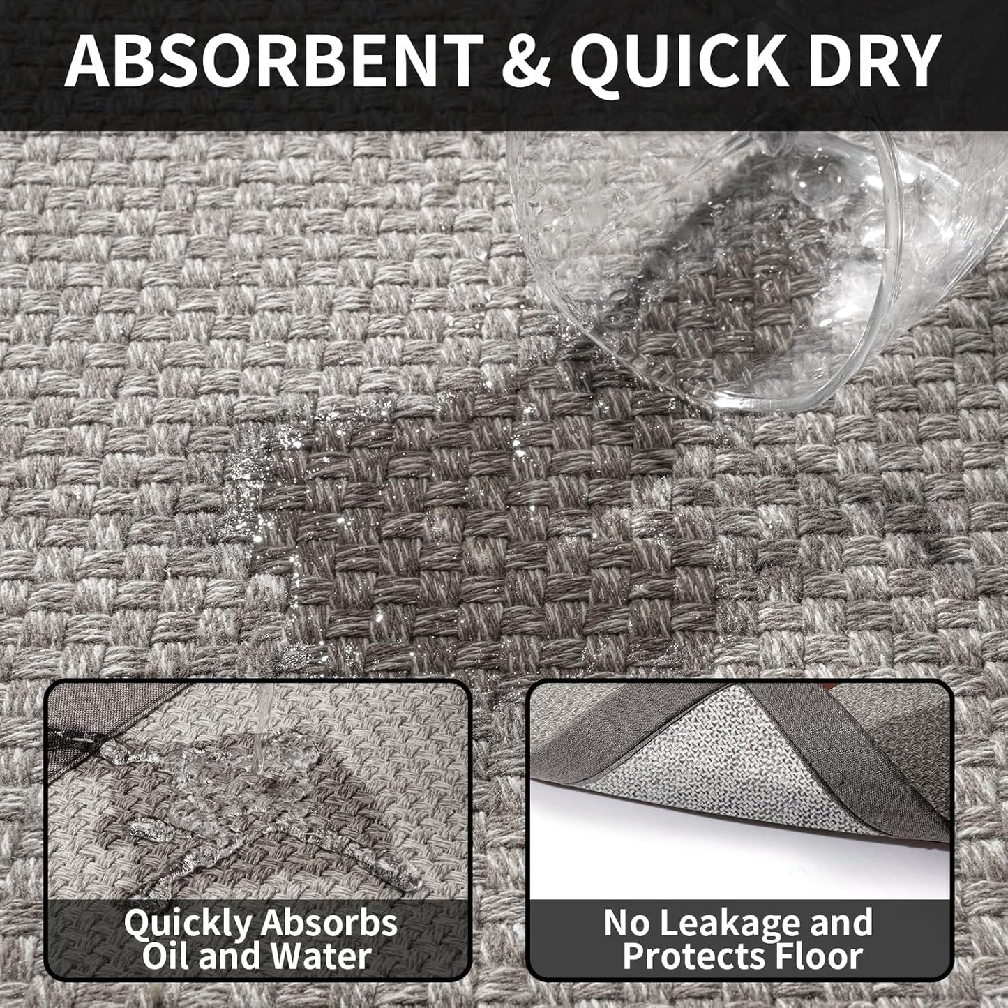 Kitchen Rugs Non Slip Washable, Super Absorbent Kitchen Mats for Floor, Rubber Backing Jute-Like Braid Kitchen Sink Mat Runner Rug Standing Mat, Easy to Clean, Gray 17"x47"