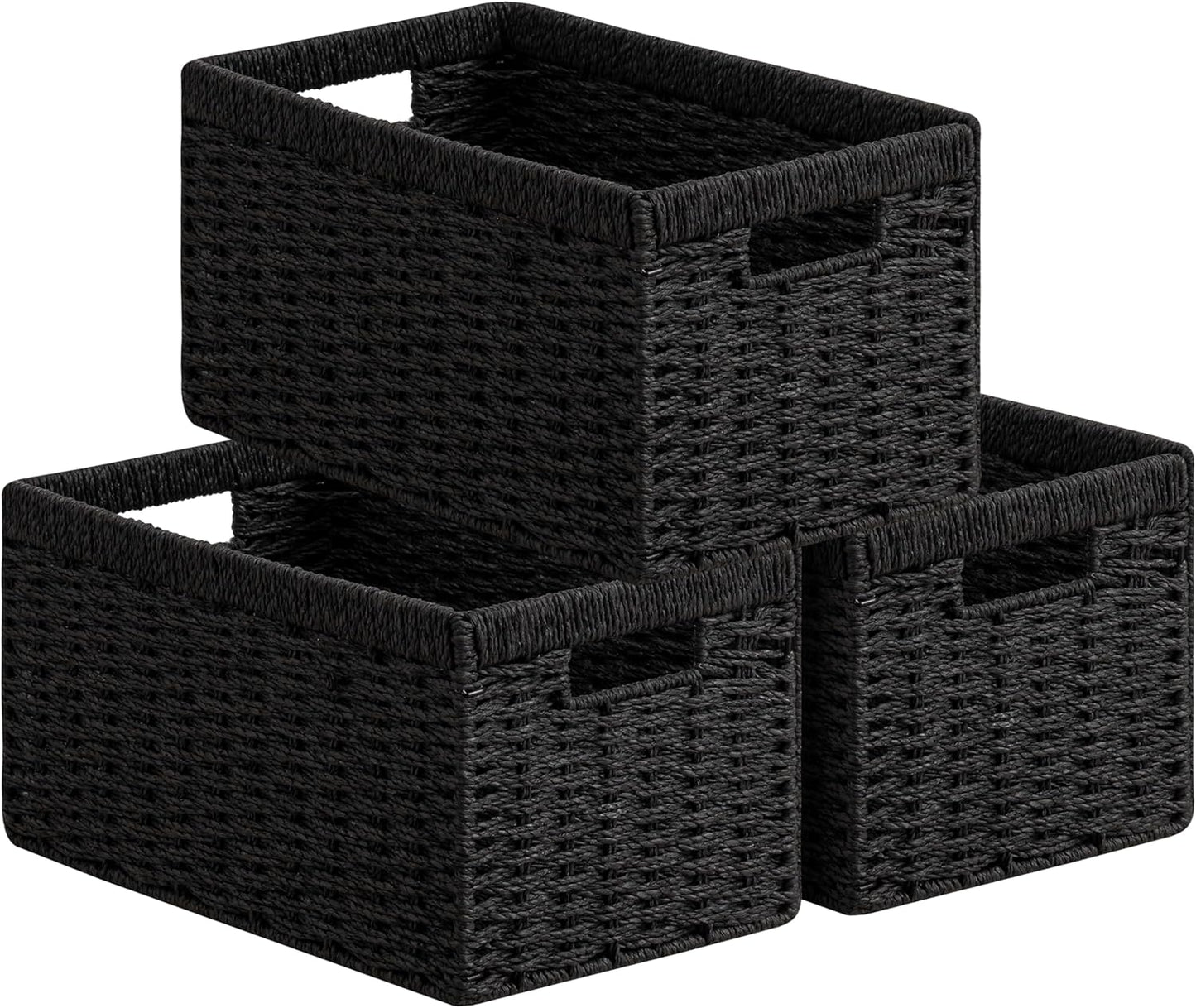 UBBCARE 3 Pack Wicker Basket, 13.4L×8.3H×7.1W inch Woven Paper Rope Storage Baskets for shelves, Foldable Rectangular Storage Baskets with Handle, Storage Basket for Organizing, Black