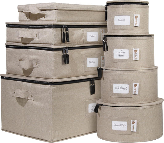 Hard Shell China Storage Containers 8-Piece Set Moving Boxes for Dinnerware, Glasses, Plates, Mugs and Saucers Sturdy Dish Organizer with Dividers for Seasonal Storage - Service for 12 - Brown