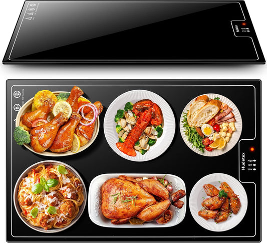 Electric Warming Tray（Large 22"x14"），Food Warmer with Thermostat and Full Surface Heating，Food Warming Mat with 2 Temperature Modes for Parties Buffet，Gatherings，Gold Edge Handles Warming Mat for Food