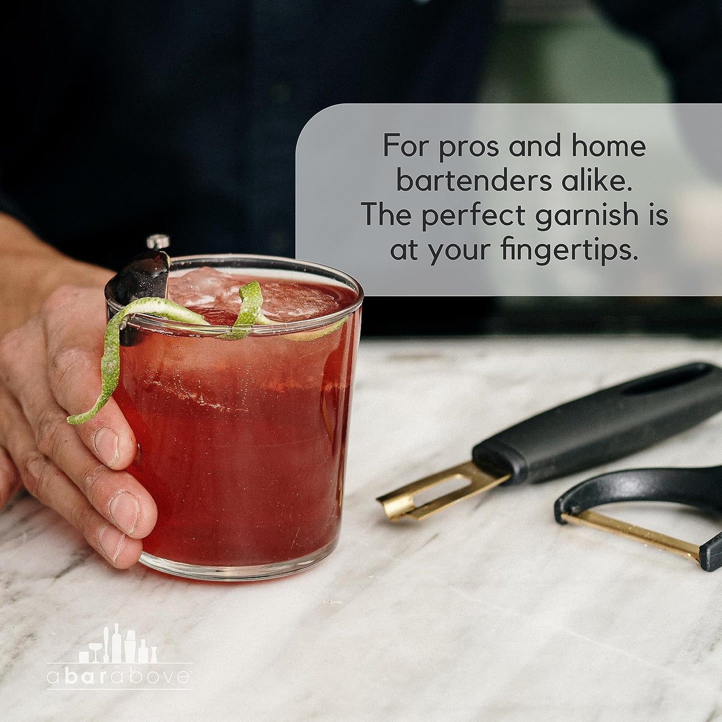 A Bar Above Black Handle Gold Blade Channel Knife, Premium Stainless Steel Garnish Tool for Cocktails, Citrus Peeler, Lemon Zester, Chef Tool for Garnishing and Drink Presentation